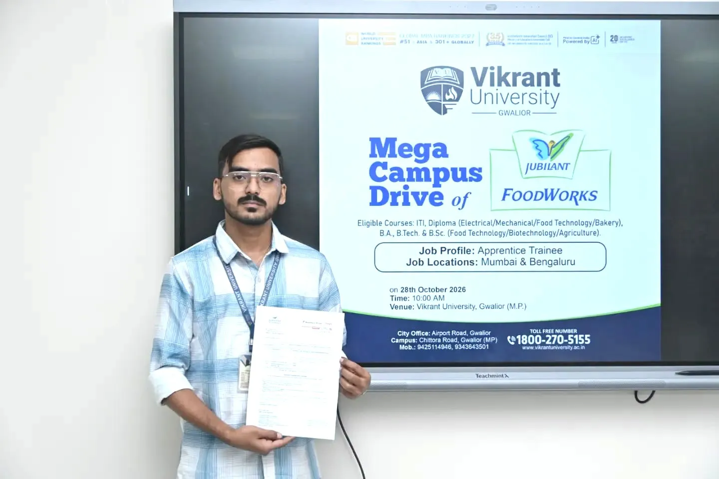 15 students of Vikrant University selected by Jubilant FoodWorks Limited