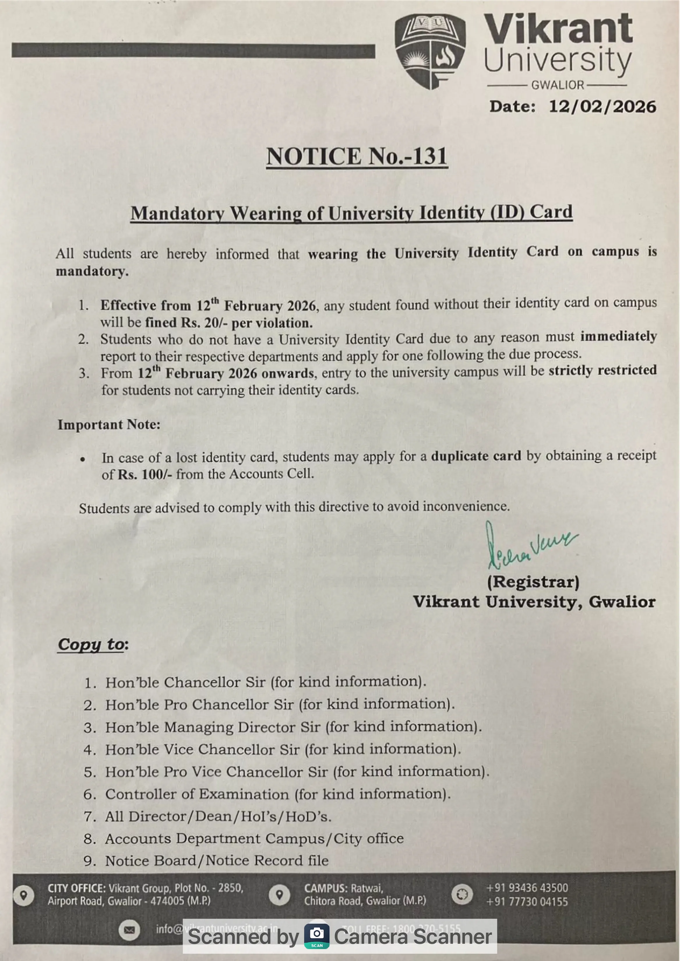 Mandatory Wearing of University ID Card