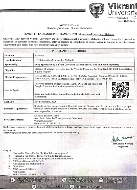 Revised Notice : Semester Exchange Programme- INTI, Malaysia