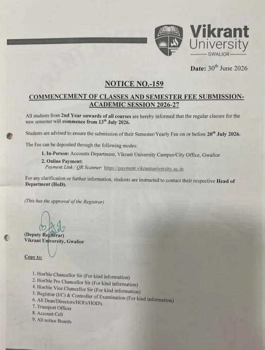 Commencement of Classes and Submission fees-Session 2026-27