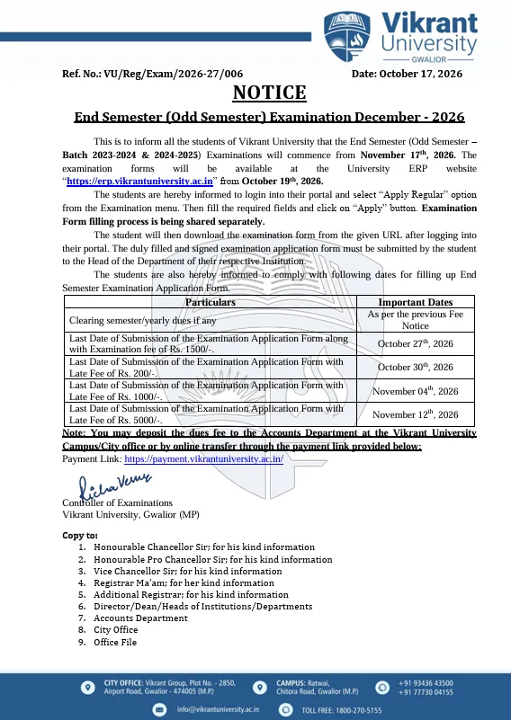 006 Notice - End Semester (Odd Semester – Batch 2023-2024 & 2024-2025)