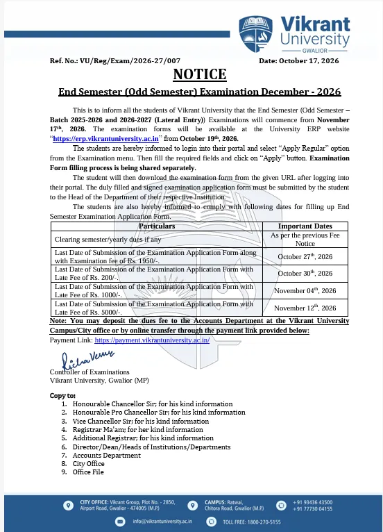 007 Notice - End Semester (Odd Semester – Batch 2025-2026 & 2026-2027 (Lateral Entry))