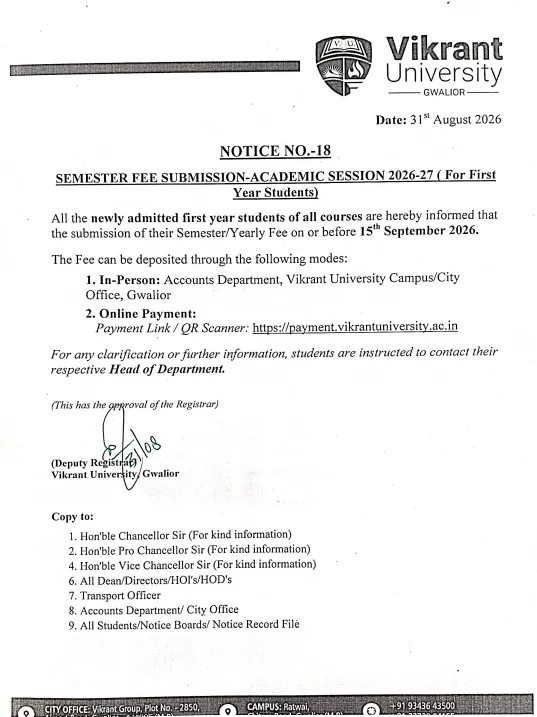 Regarding Fee submission for 1st Year Students