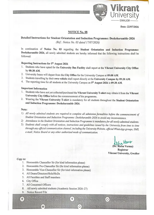 Instructions for Student Orientation Programme : Deeksharambh - 2026