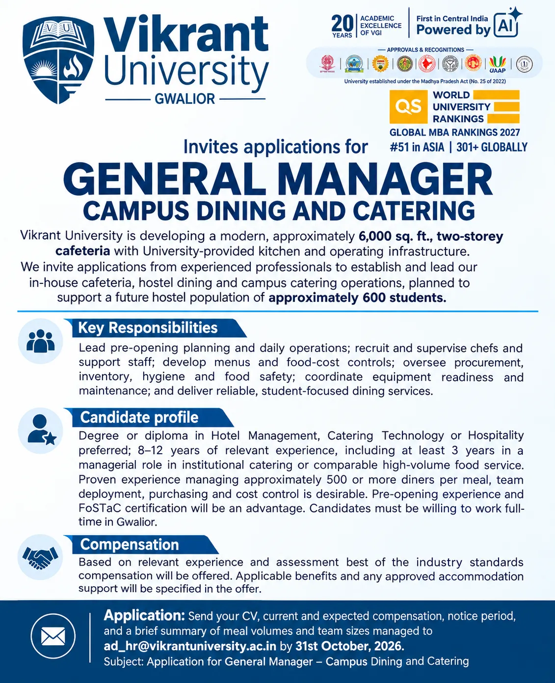 Vikrant University Dining Recruitment Poster