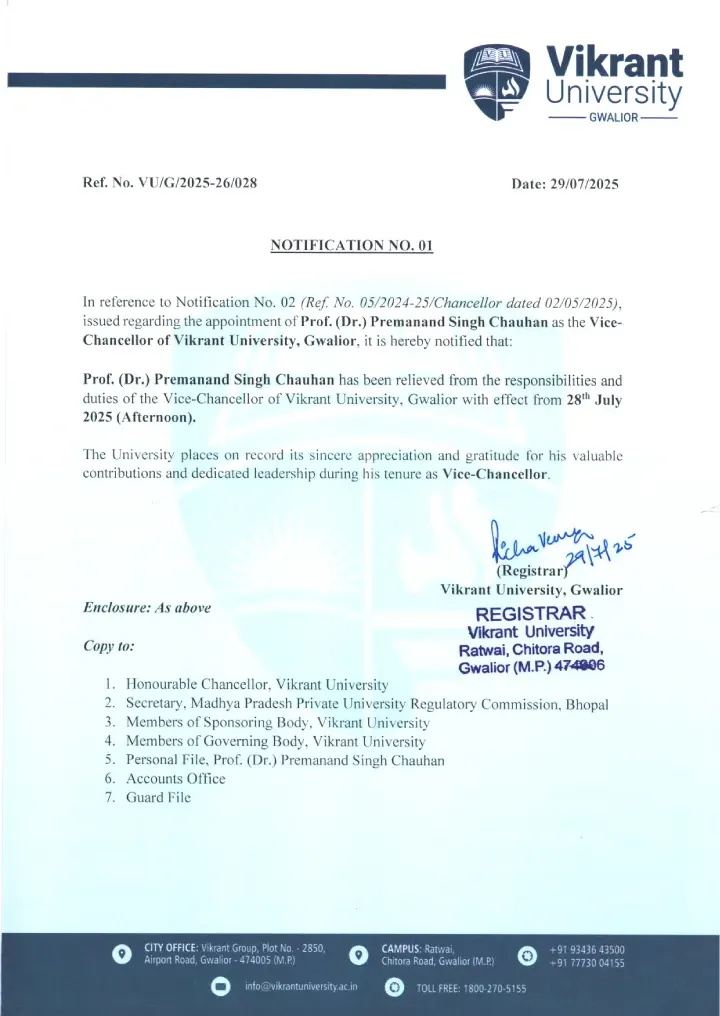 Reliving Notification of VC (Dr. PS Chauhan)